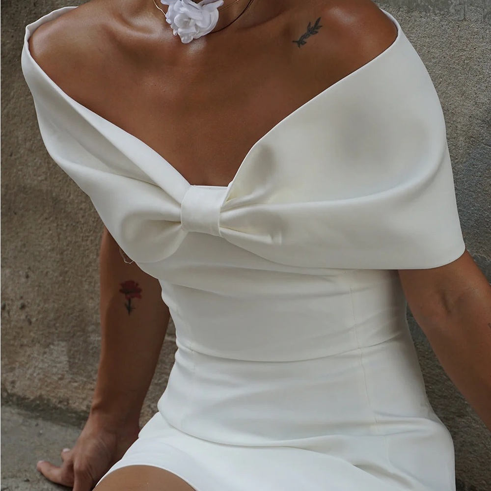 Meshki Gywneth Off Shoulder Bow Mini Dress